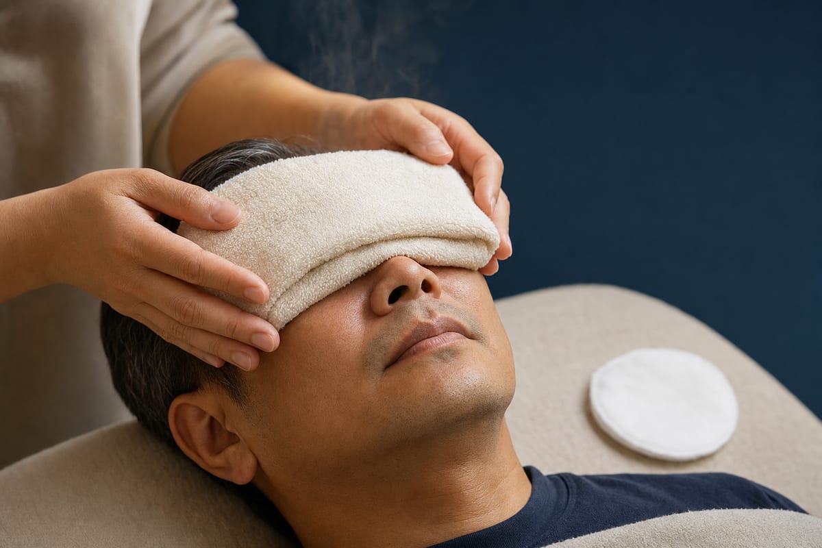 Pessoa adulta de olhos fechados com um pano limpo dobrado apoiado sobre as pálpebras, mãos segurando o pano com delicadeza, e um algodão limpo sobre a superfície ao lado.