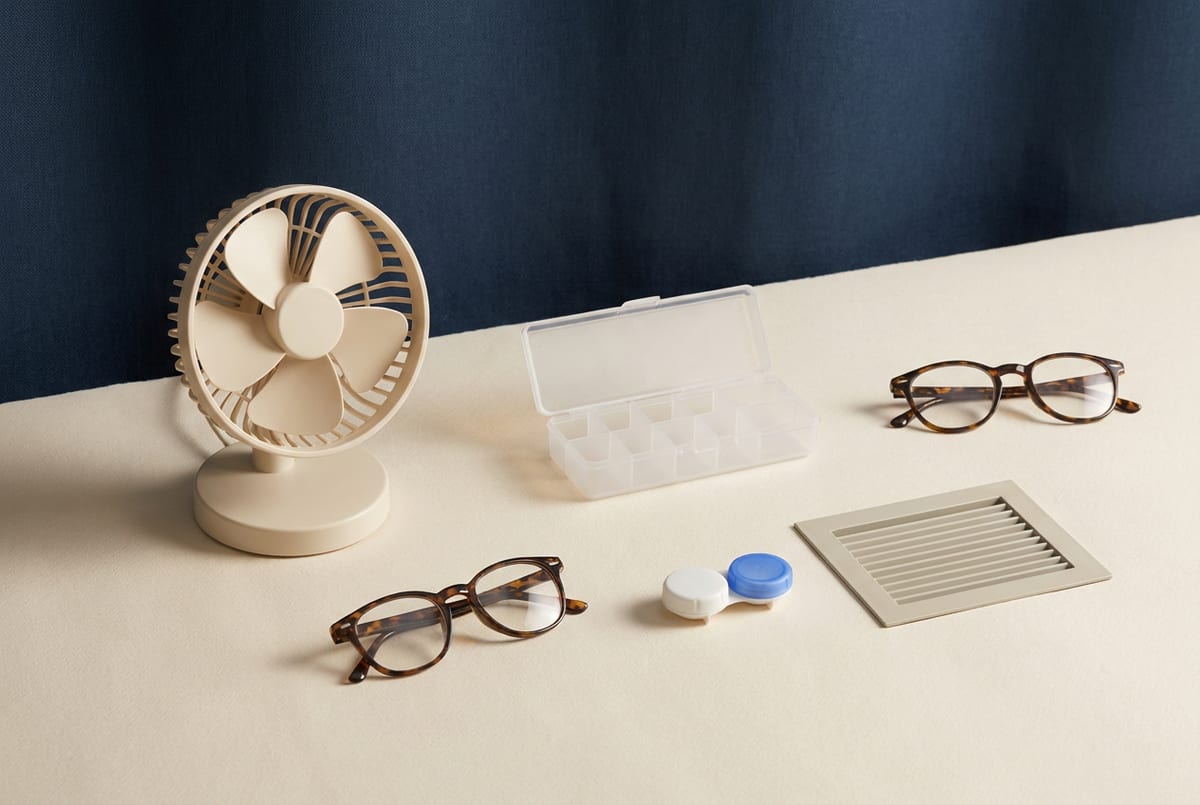 Composição sobre superfície clara com um ventilador de mesa, óculos, um estojo de lentes de contato e um organizador de comprimidos.