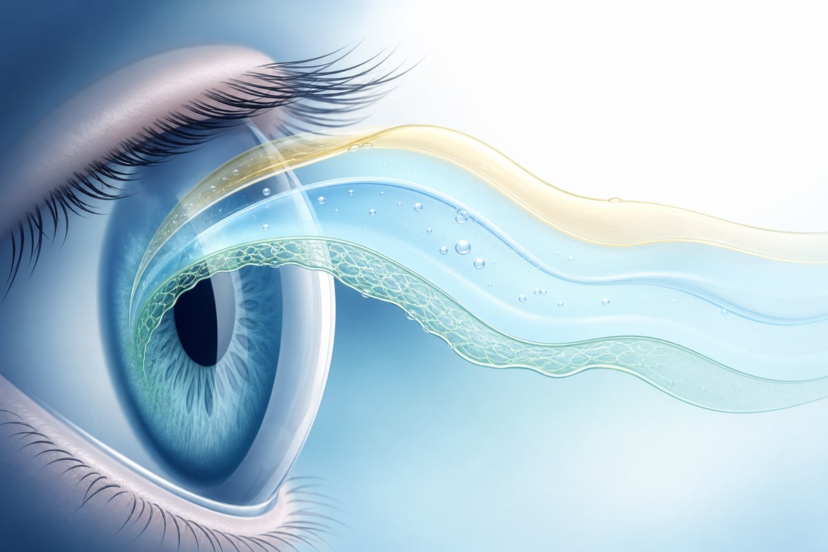 Ilustração de camadas fluidas transparentes se distribuindo sobre a superfície de um olho.