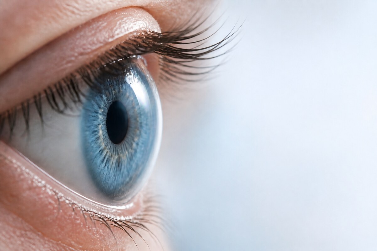 Visualização realista de uma película lacrimal fina se distribuindo sobre a córnea de um olho.