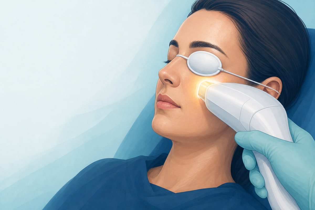 Ilustração de aplicação de luz intensa pulsada na pele abaixo da pálpebra, com proteção ocular opaca.