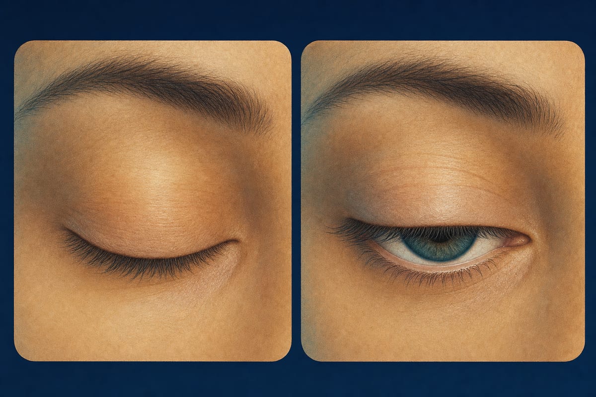 Comparação lado a lado de um olho humano: à esquerda a pálpebra superior encosta na inferior, fechando por completo; à direita resta uma faixa exposta da superfície ocular.