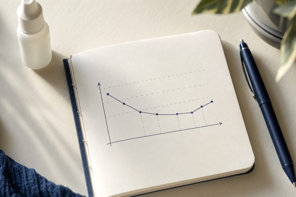 Caderno de papel aberto sobre uma mesa clara, com um gráfico de linha simples desenhado à mão acompanhando um valor ao longo de vários dias, e uma caneta ao lado.