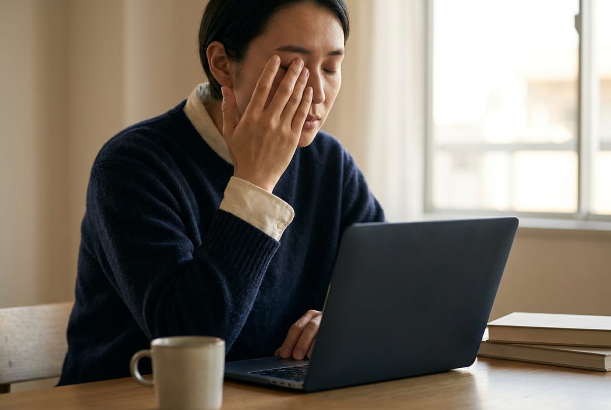 Pessoa adulta sentada diante de um notebook em luz natural, com os olhos fechados e a mão apoiada junto a um deles, em expressão de cansaço.