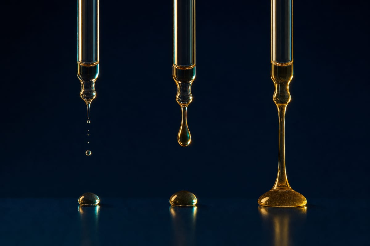 Três conta-gotas de vidro transparentes lado a lado liberando gotas de espessuras diferentes: uma fluida, uma intermediária e uma espessa que se alonga em um filete.