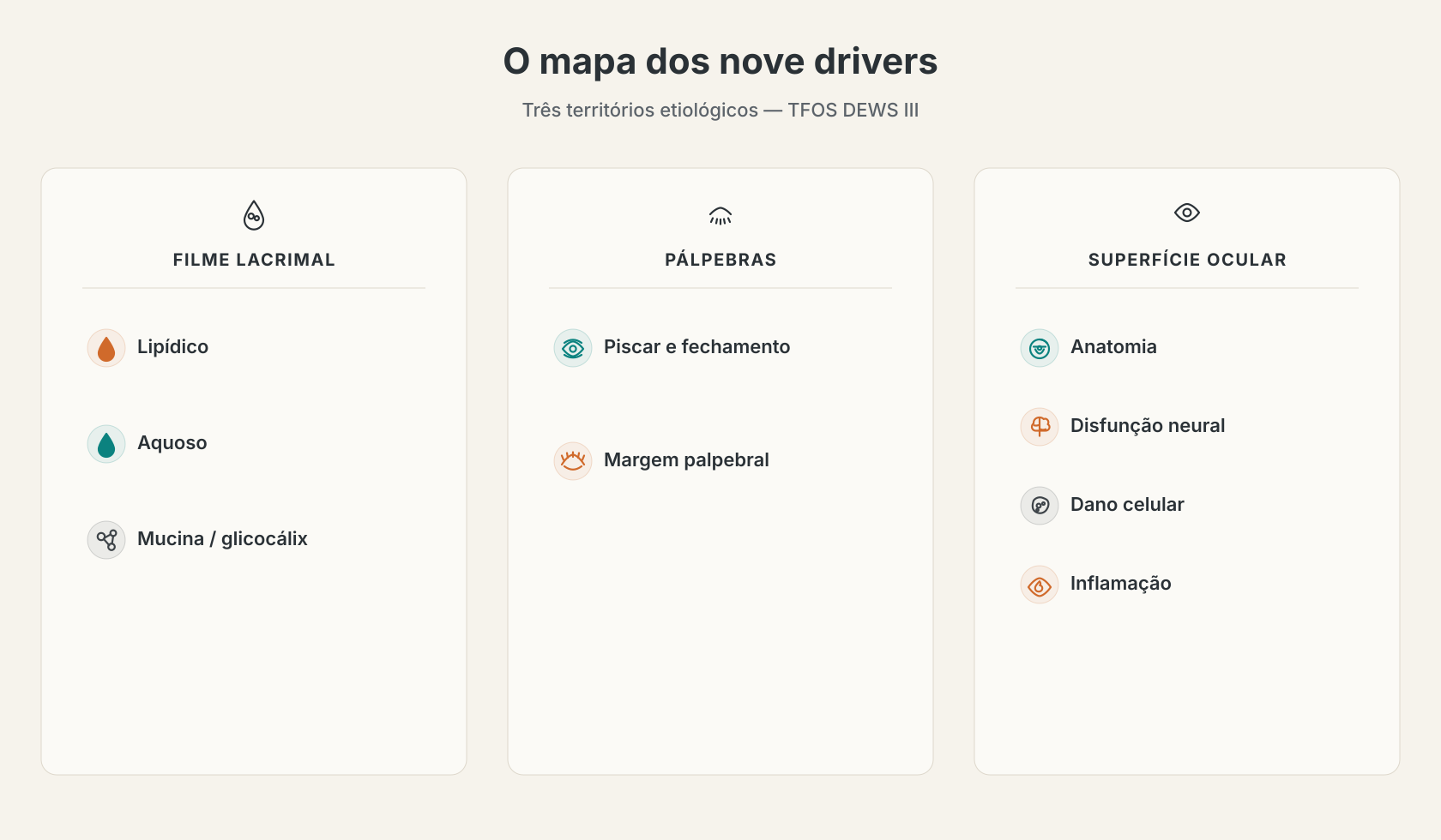 Mapa dos nove drivers da TFOS DEWS III: filme lacrimal (lipídico, aquoso, mucina/glicocálix), pálpebras (piscar e fechamento, margem palpebral) e superfície ocular (anatomia, disfunção neural, dano celular, inflamação).
