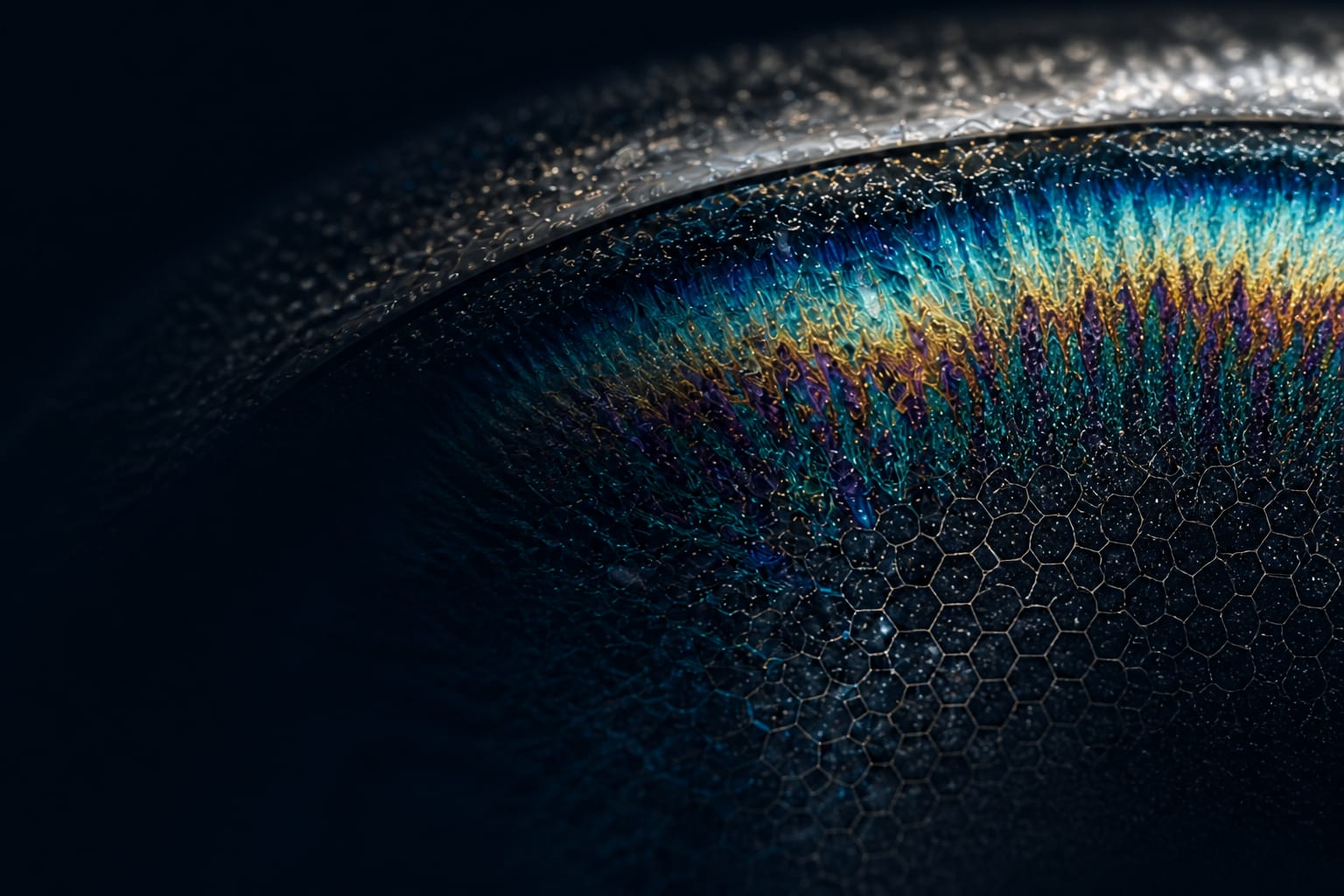 Ilustração conceitual em azul, teal e dourado de padrões de interferência sobre a superfície corneana